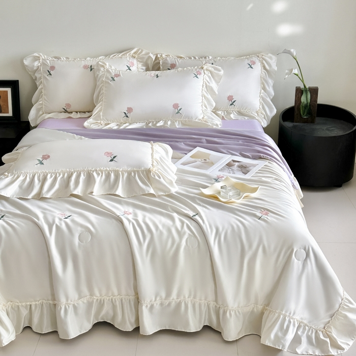91家纺网 家纺一手货源 找家纺 红嘴企鹅 2025新款冰丝贴边花边夏被夏凉被空调被四件套 冰丝玫瑰花-紫