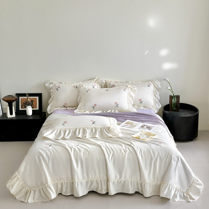 91家纺网 家纺一手货源 找家纺 红嘴企鹅 2025新款冰丝贴边花边夏被夏凉被空调被四件套 冰丝玫瑰花-紫