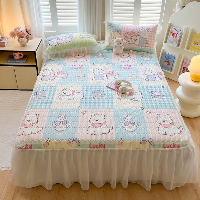 91家纺网 家纺一手货源 找家纺 沐慕 2025新款床裙款凉感丝凉席夏被四件套 床裙-甜心宝贝