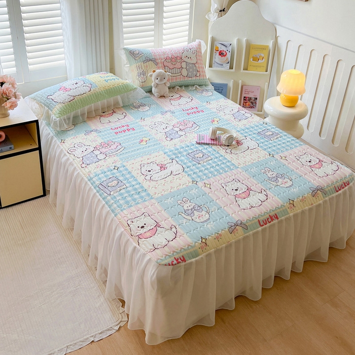 91家纺网 家纺一手货源 找家纺 沐慕 2025新款床裙款凉感丝凉席夏被四件套 床裙-甜心宝贝