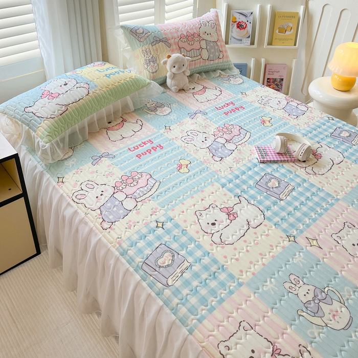 91家纺网 家纺一手货源 找家纺 沐慕 2025新款床裙款凉感丝凉席夏被四件套 床裙-甜心宝贝