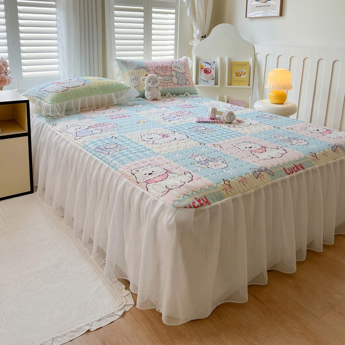 91家纺网 家纺一手货源 找家纺 沐慕 2025新款床裙款凉感丝凉席夏被四件套 床裙-甜心宝贝