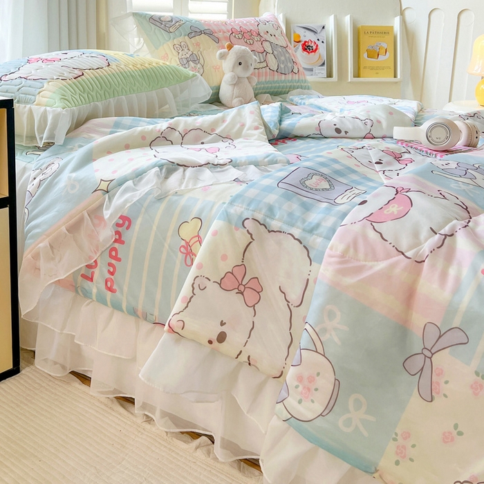 91家纺网 家纺一手货源 找家纺 沐慕 2025新款床裙款凉感丝凉席夏被四件套 床裙-甜心宝贝