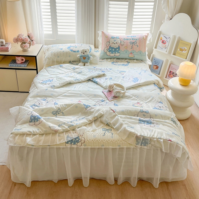 91家纺网 家纺一手货源 找家纺 沐慕 2025新款床裙款凉感丝凉席夏被四件套 床裙-小奶狗