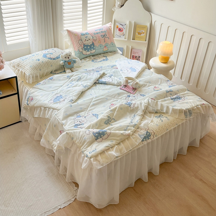 91家纺网 家纺一手货源 找家纺 沐慕 2025新款床裙款凉感丝凉席夏被四件套 床裙-小奶狗