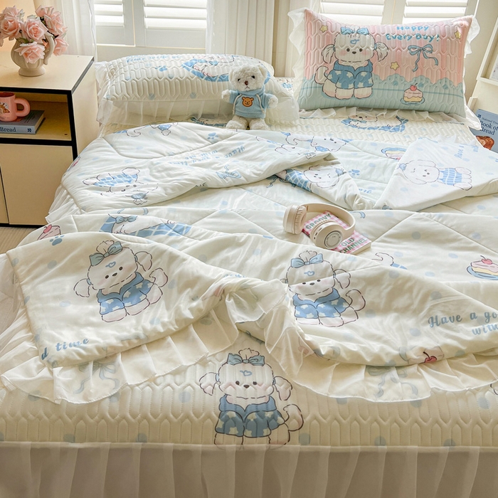 91家纺网 家纺一手货源 找家纺 沐慕 2025新款床裙款凉感丝凉席夏被四件套 床裙-小奶狗