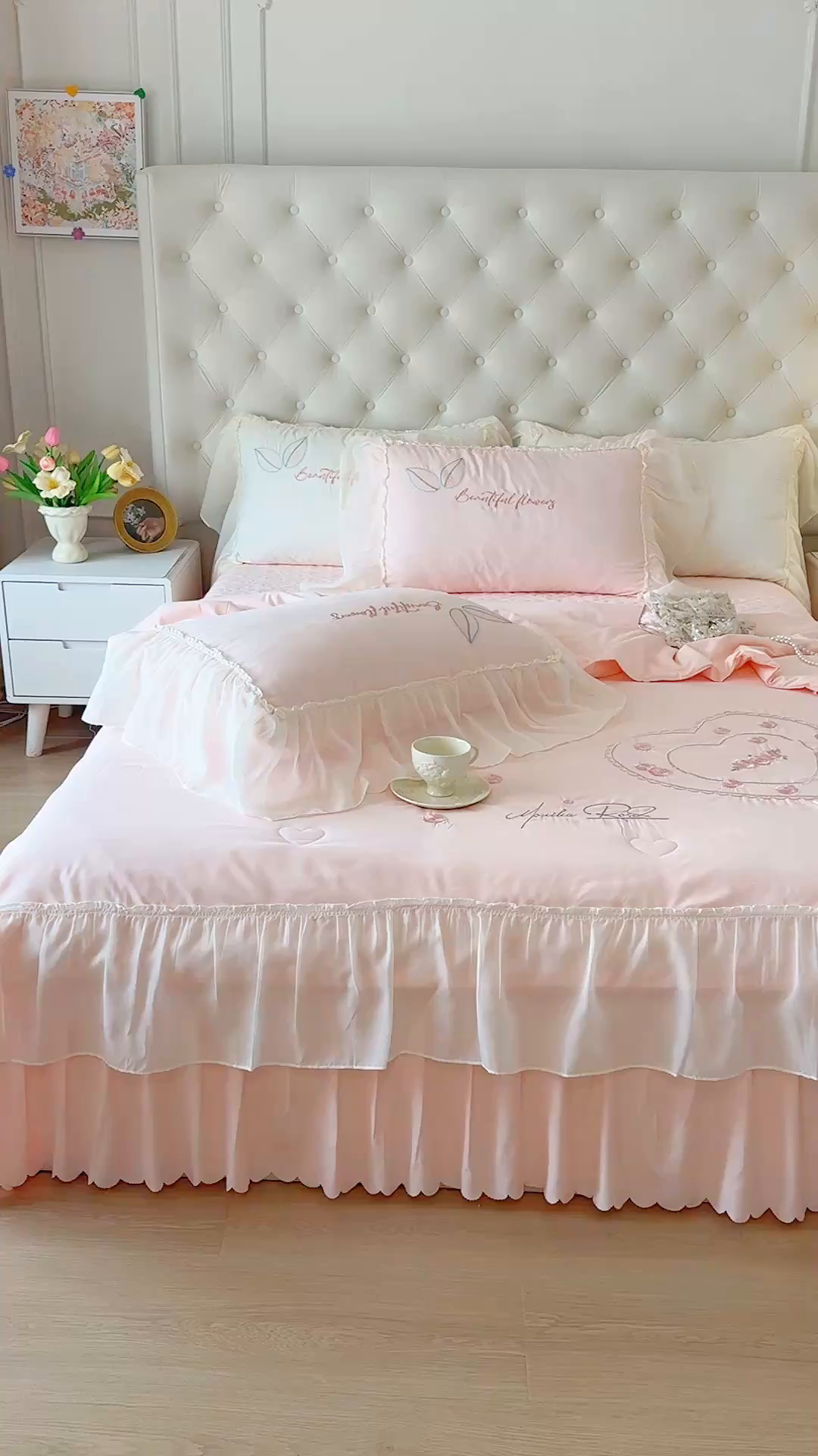 91家纺网 家纺一手货源 找家纺 （总）宅家居 2025新款法式花边浪漫花卉爱心刺绣绗绣床盖夏被夏凉被空调被四件套-玫瑰之恋