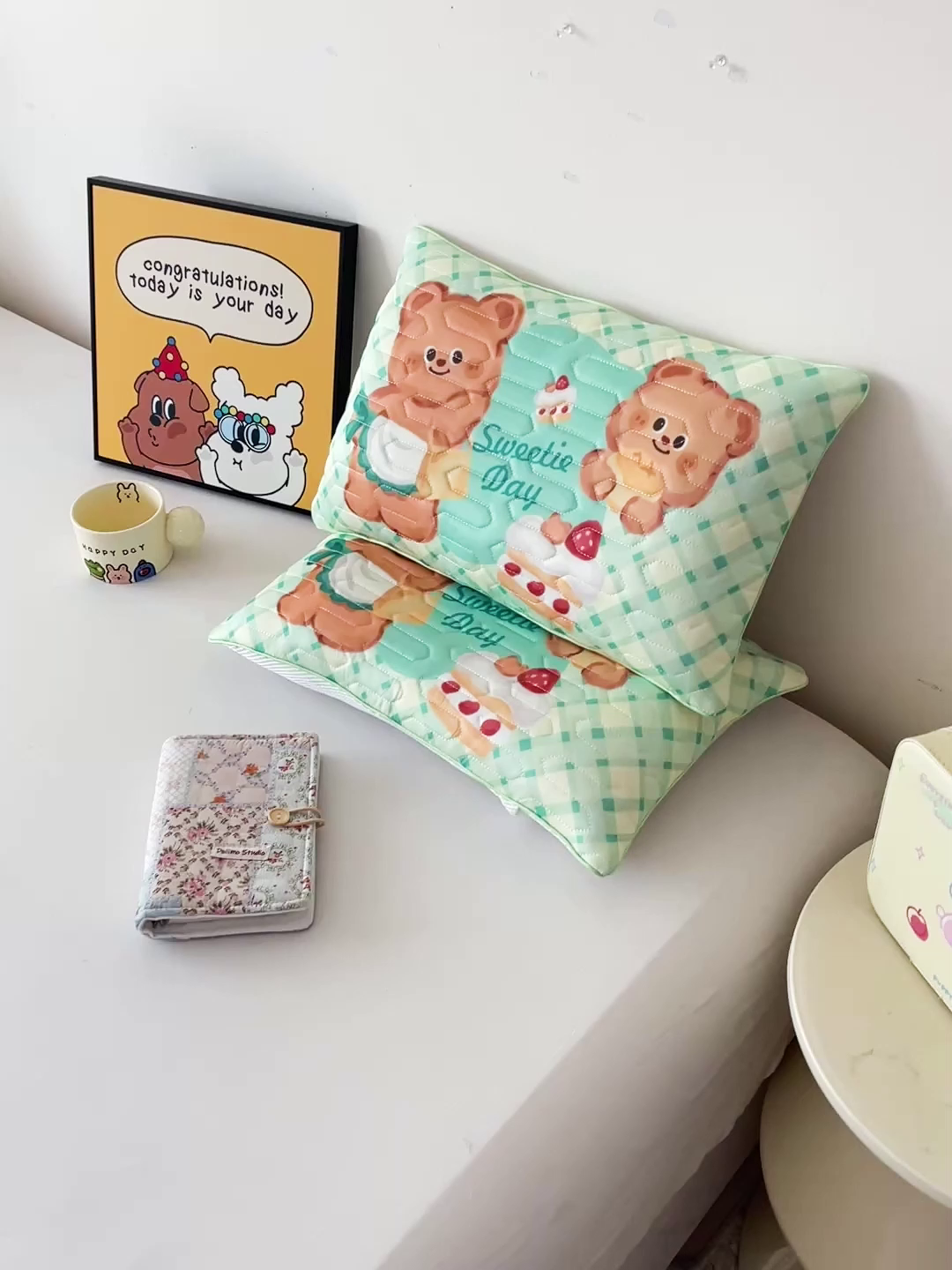 91家纺网 家纺一手货源 找家纺 卓昌枕芯 2025新款卡通儿童夏季冰丝荞麦羽丝绒枕头枕芯可拆卸 卡通小熊 枕套加羽丝绒内胆30x50cm/只