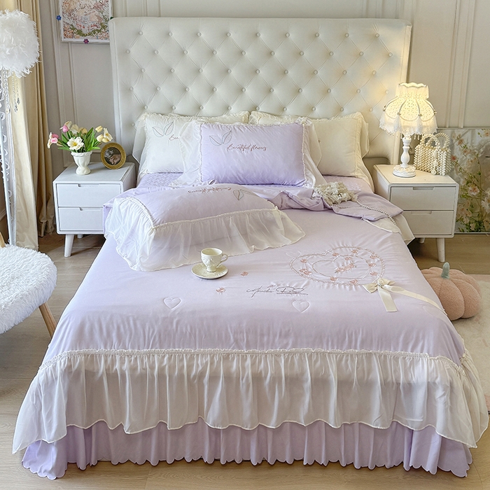 91家纺网 家纺一手货源 找家纺 宅家居 2025新款法式花边浪漫花卉爱心刺绣绗绣床盖夏被夏凉被空调被四件套-玫瑰之恋 玫瑰之恋-浅紫