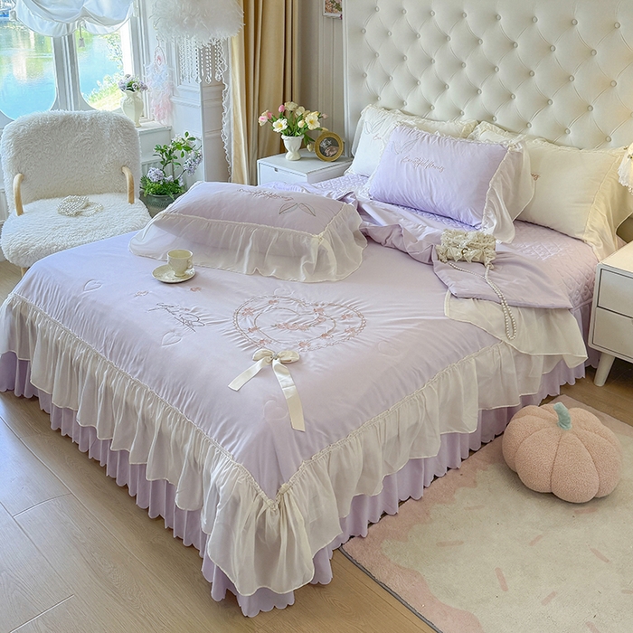 91家纺网 家纺一手货源 找家纺 宅家居 2025新款法式花边浪漫花卉爱心刺绣绗绣床盖夏被夏凉被空调被四件套-玫瑰之恋 玫瑰之恋-浅紫