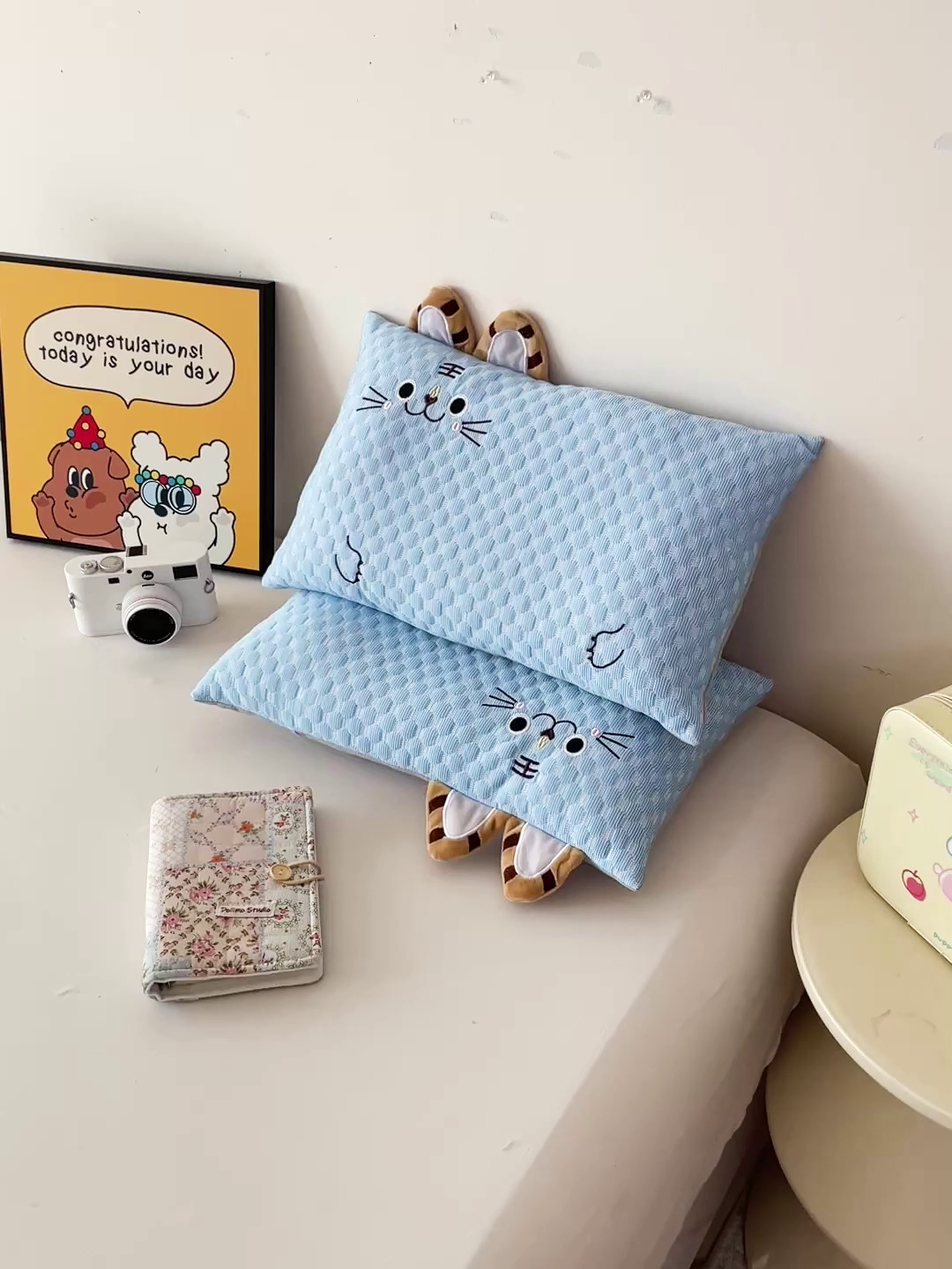 91家纺网 家纺一手货源 找家纺 卓昌枕芯 2025新款卡通儿童夏季荞麦羽丝绒枕芯凉豆豆枕头可拆卸 蓝色-小老虎 枕套加羽丝绒内胆30x50cm/只