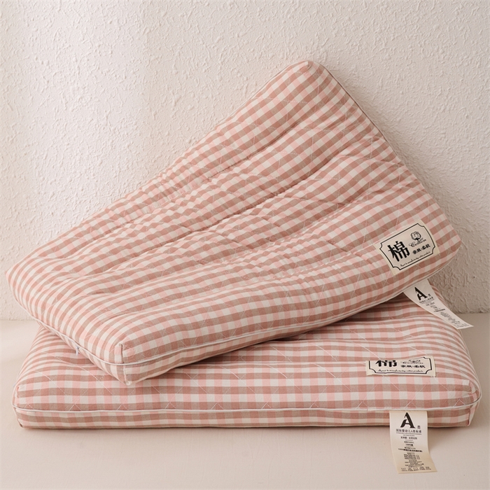 91家纺网 家纺一手货源 找家纺 大熊枕芯  2025日式无印风小方格全棉水洗棉护颈低枕 粉色40*60cm学生款/只