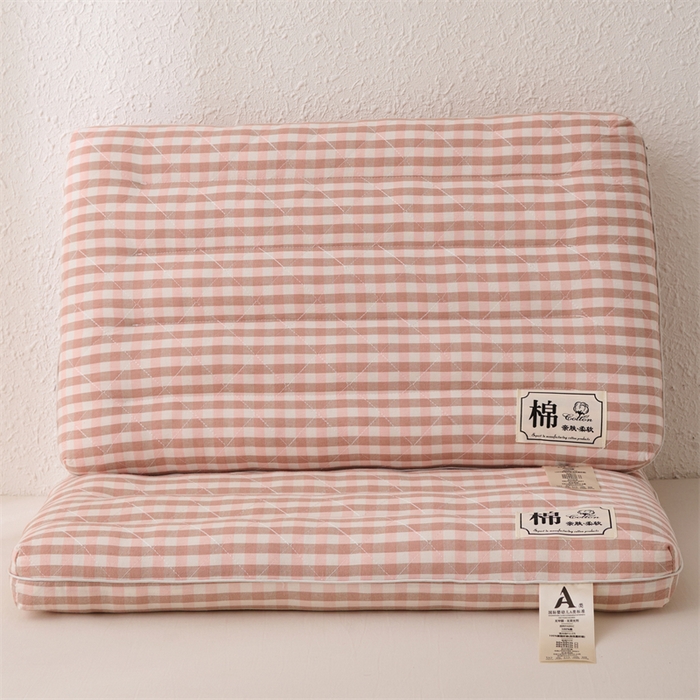 91家纺网 家纺一手货源 找家纺 大熊枕芯  2025日式无印风小方格全棉水洗棉护颈低枕 粉色48*74cm成人款/只 