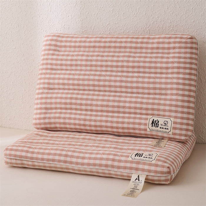 91家纺网 家纺一手货源 找家纺 大熊枕芯  2025日式无印风小方格全棉水洗棉护颈低枕 粉色48*74cm成人款/只 