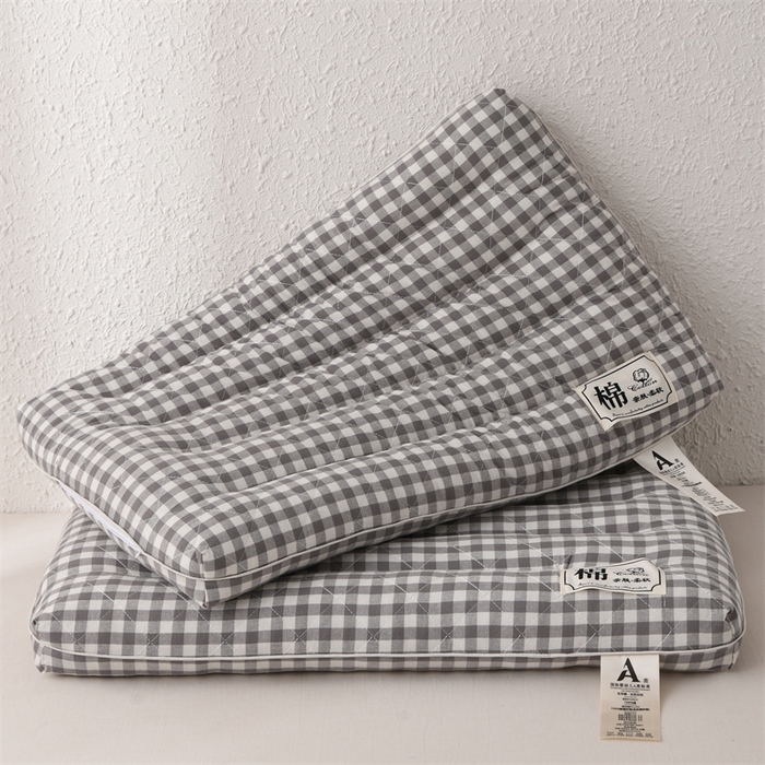 91家纺网 家纺一手货源 找家纺 大熊枕芯  2025日式无印风小方格全棉水洗棉护颈低枕 灰色48*74cm成人款/只
