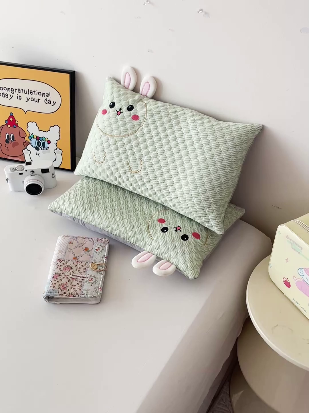 91家纺网 家纺一手货源 找家纺 卓昌枕芯 2025新款卡通儿童夏季荞麦羽丝绒枕芯凉豆豆枕头可拆卸 绿色-小兔 枕套加荞麦壳内胆30x50cm/只