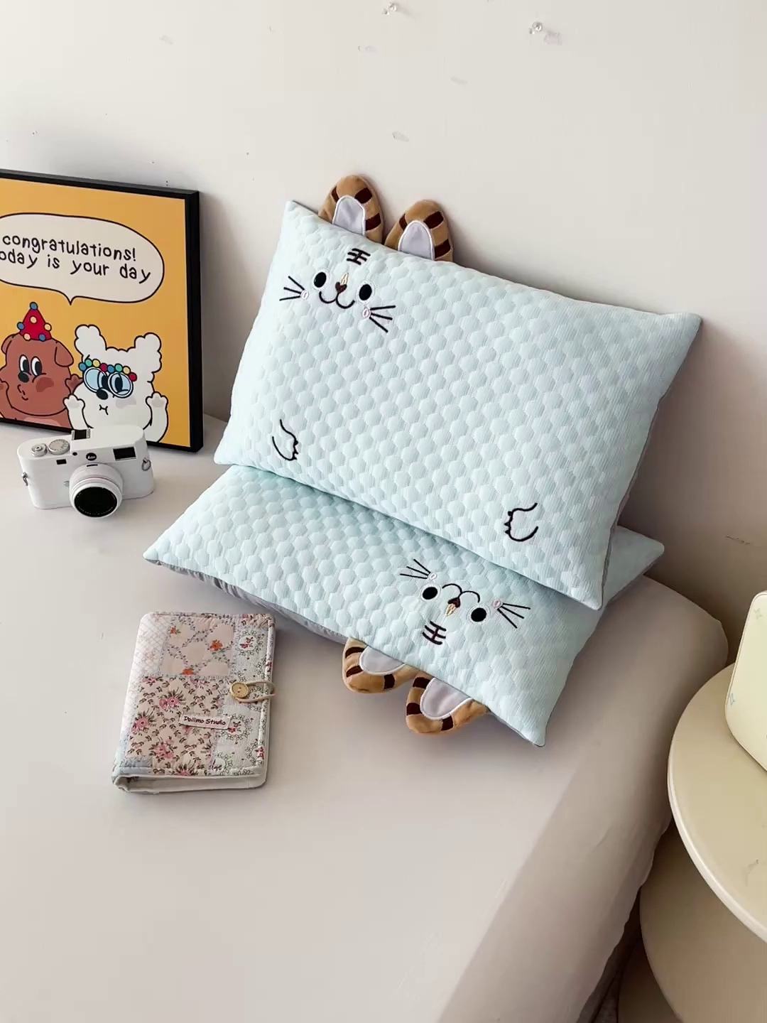91家纺网 家纺一手货源 找家纺 卓昌枕芯 2025新款卡通儿童夏季荞麦羽丝绒枕芯凉豆豆枕头可拆卸 浅蓝-小老虎 枕套加荞麦壳内胆30x50cm/只