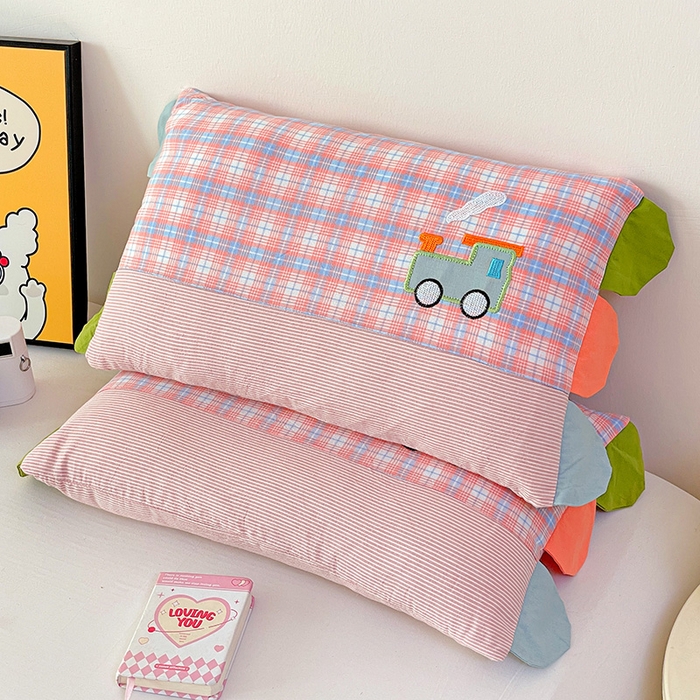 91家纺网 家纺一手货源 找家纺 卓昌枕芯 2025新款卡通全棉纯棉水洗棉儿童荞麦羽丝绒枕头枕芯可拆卸 粉格-火车 枕套加荞麦壳内胆30x50cm/只