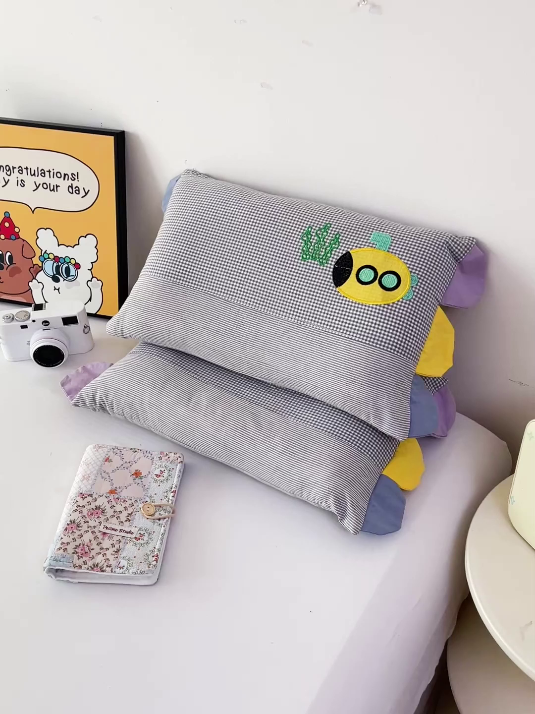 91家纺网 家纺一手货源 找家纺 卓昌枕芯 2025新款卡通全棉纯棉水洗棉儿童荞麦羽丝绒枕头枕芯可拆卸 灰格-潜艇 枕套加荞麦壳内胆30x50cm/只