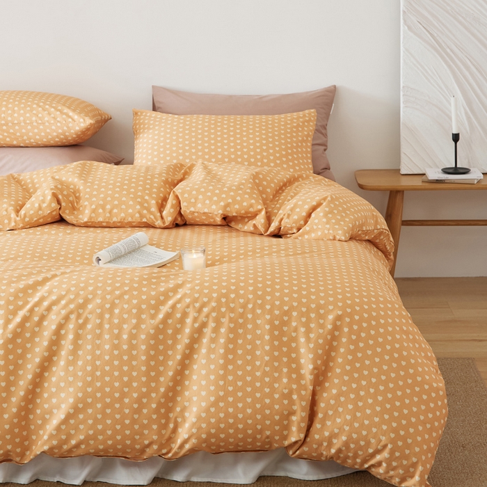 91家纺网 家纺一手货源 找家纺 EH家居 2025春夏新款40s全棉纯棉印花四件套-小幸运 橙色爱心