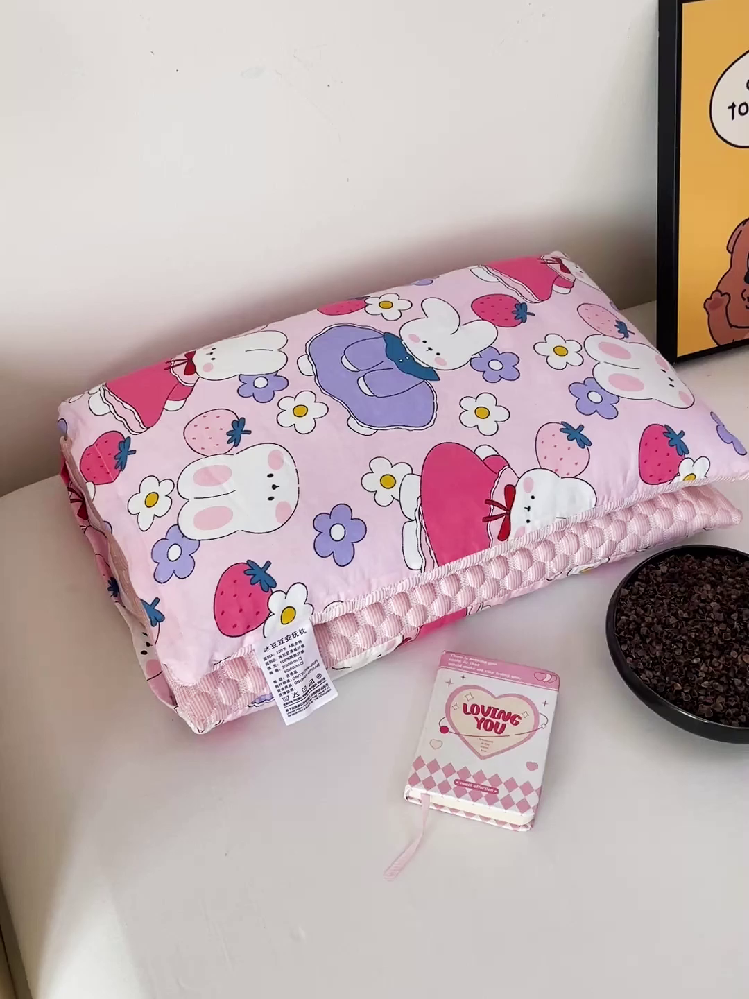 91家纺网 家纺一手货源 找家纺 卓昌枕芯 2025新款儿童双面荞麦羽丝绒枕芯凉豆豆加全棉纯棉可拆卸 小白兔 枕套加荞麦壳内胆30x50cm/只