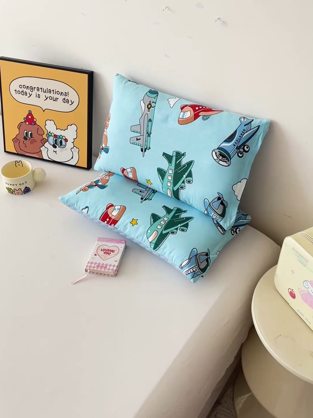 91家纺网 家纺一手货源 找家纺 卓昌枕芯 2025新款儿童双面荞麦羽丝绒枕芯凉豆豆加全棉纯棉可拆卸 小飞机 枕套加荞麦壳内胆30x50cm/只