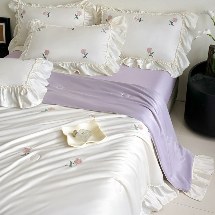 91家纺网 家纺一手货源 找家纺 红嘴企鹅 2025新款冰丝贴边花边夏被夏凉被空调被四件套 冰丝玫瑰花-紫