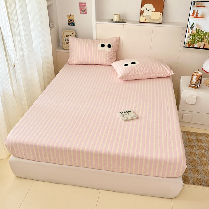 91家纺网 家纺一手货源 找家纺 桃子家居 2025新品ins全棉纯棉色织水洗毛巾绣大眼仔棉床单床笠单枕套三件套 色织水洗棉-大眼仔粉奶黄条