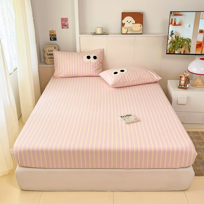 91家纺网 家纺一手货源 找家纺 桃子家居 2025新品ins全棉纯棉色织水洗毛巾绣大眼仔棉床单床笠单枕套三件套 色织水洗棉-大眼仔粉奶黄条