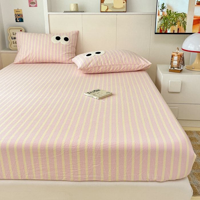 91家纺网 家纺一手货源 找家纺 桃子家居 2025新品ins全棉纯棉色织水洗毛巾绣大眼仔棉床单床笠单枕套三件套 色织水洗棉-大眼仔粉奶黄条