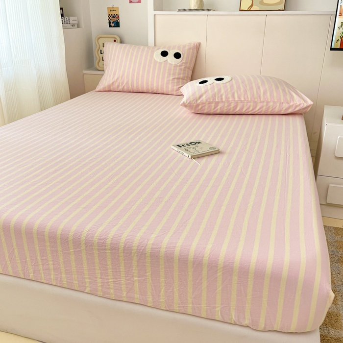 91家纺网 家纺一手货源 找家纺 桃子家居 2025新品ins全棉纯棉色织水洗毛巾绣大眼仔棉床单床笠单枕套三件套 色织水洗棉-大眼仔粉奶黄条