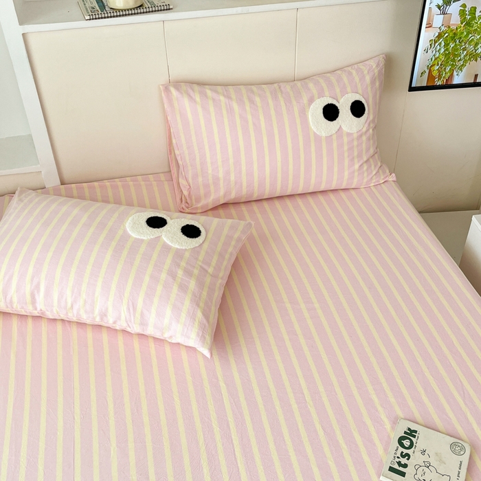 91家纺网 家纺一手货源 找家纺 桃子家居 2025新品ins全棉纯棉色织水洗毛巾绣大眼仔棉床单床笠单枕套三件套 色织水洗棉-大眼仔粉奶黄条