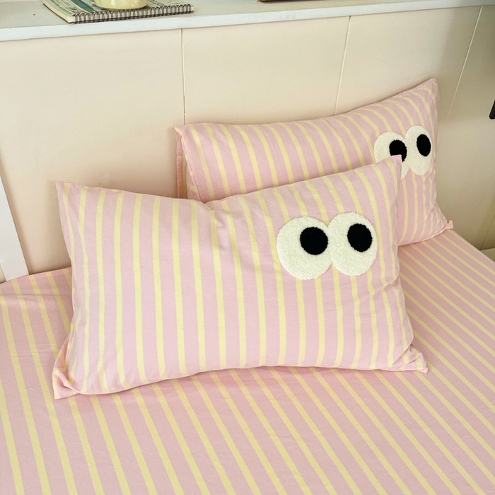 91家纺网 家纺一手货源 找家纺 桃子家居 2025新品ins全棉纯棉色织水洗毛巾绣大眼仔棉床单床笠单枕套三件套 色织水洗棉-大眼仔粉奶黄条