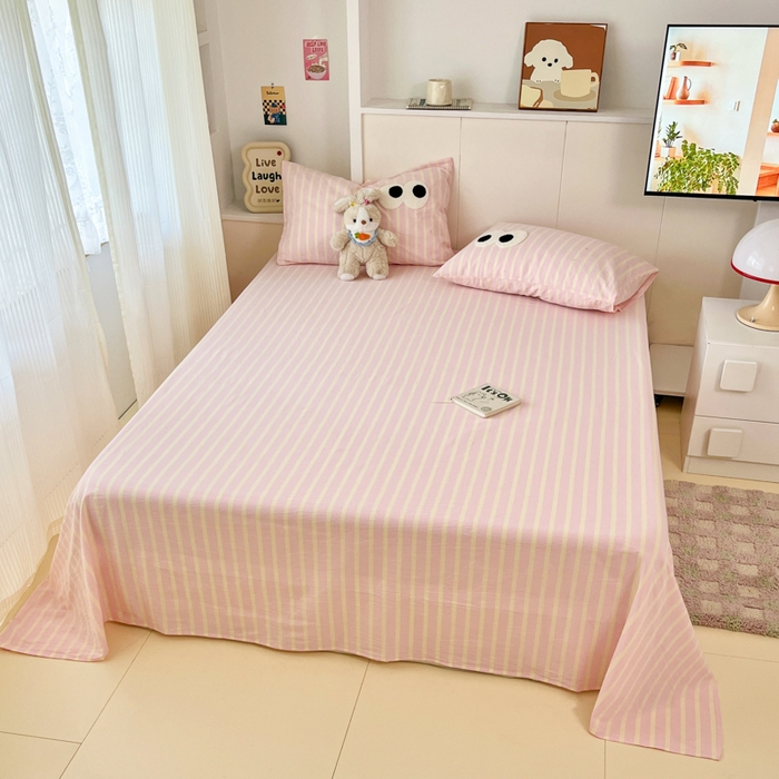 91家纺网 家纺一手货源 找家纺 桃子家居 2025新品ins全棉纯棉色织水洗毛巾绣大眼仔棉床单床笠单枕套三件套 色织水洗棉-大眼仔粉奶黄条