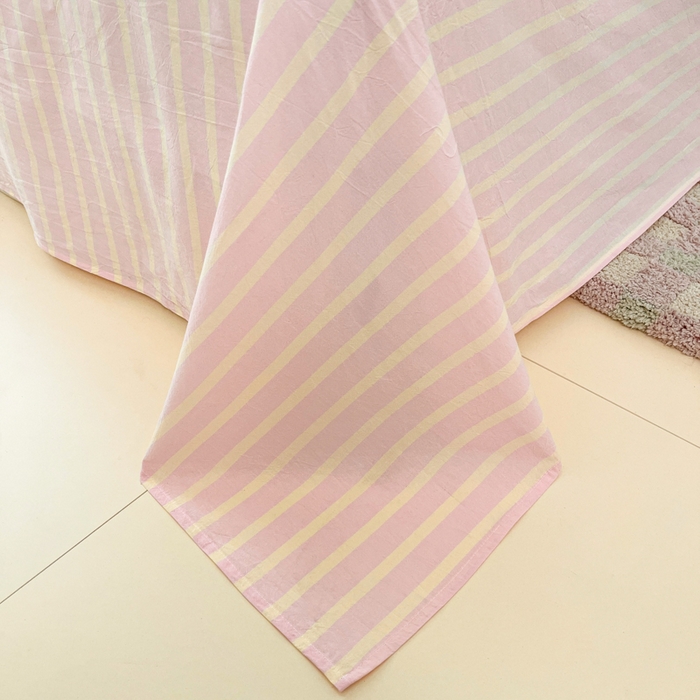 91家纺网 家纺一手货源 找家纺 桃子家居 2025新品ins全棉纯棉色织水洗毛巾绣大眼仔棉床单床笠单枕套三件套 色织水洗棉-大眼仔粉奶黄条