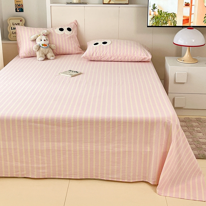 91家纺网 家纺一手货源 找家纺 桃子家居 2025新品ins全棉纯棉色织水洗毛巾绣大眼仔棉床单床笠单枕套三件套 色织水洗棉-大眼仔粉奶黄条