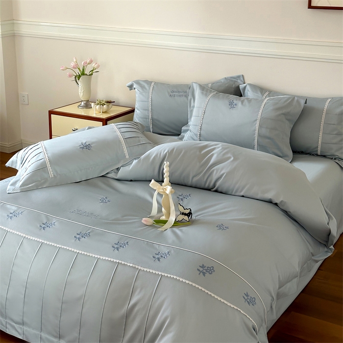 91家纺网 家纺一手货源 找家纺 红番天家居馆 2025新款全棉纯棉贡缎长绒棉手工捏折刺绣蕾丝四件套-觅春 觅春-午后清晨