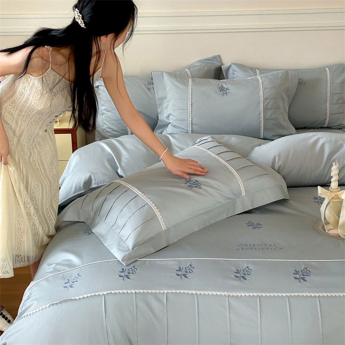 91家纺网 家纺一手货源 找家纺 红番天家居馆 2025新款全棉纯棉贡缎长绒棉手工捏折刺绣蕾丝四件套-觅春 觅春-午后清晨