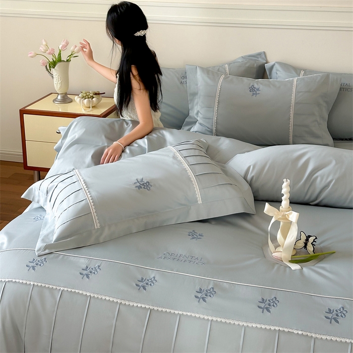 红番天家居馆 2025新款全棉纯棉贡缎长绒棉手工捏折刺绣蕾丝四件套-觅春 觅春-午后清晨