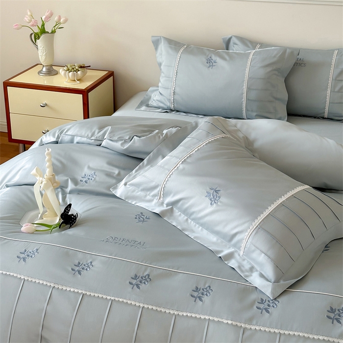 91家纺网 家纺一手货源 找家纺 红番天家居馆 2025新款全棉纯棉贡缎长绒棉手工捏折刺绣蕾丝四件套-觅春 觅春-午后清晨