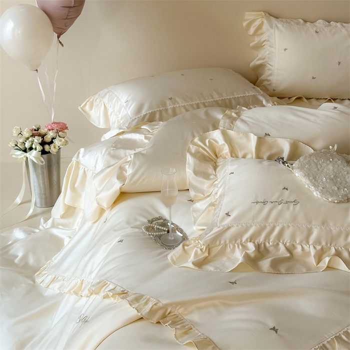 91家纺网 家纺一手货源 找家纺 （总）红番天家居馆 2025新款全棉纯棉贡缎长绒棉法式刺绣花边四件套-蝶梦