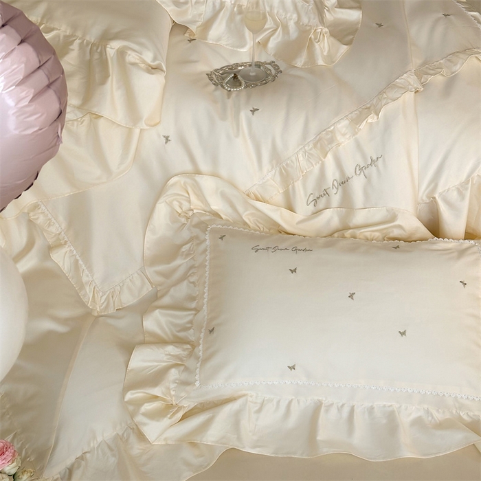 91家纺网 家纺一手货源 找家纺 （总）红番天家居馆 2025新款全棉纯棉贡缎长绒棉法式刺绣花边四件套-蝶梦