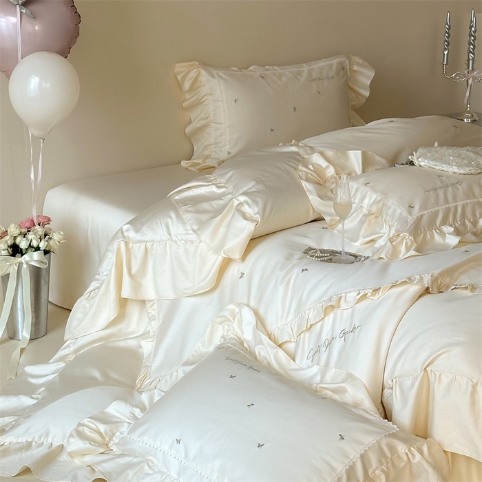 91家纺网 家纺一手货源 找家纺 （总）红番天家居馆 2025新款全棉纯棉贡缎长绒棉法式刺绣花边四件套-蝶梦