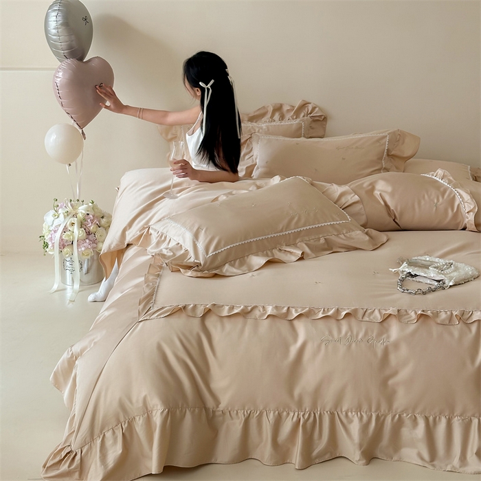 红番天家居馆 2025新款全棉纯棉贡缎长绒棉法式刺绣花边四件套-蝶梦 蝶梦-浅香槟