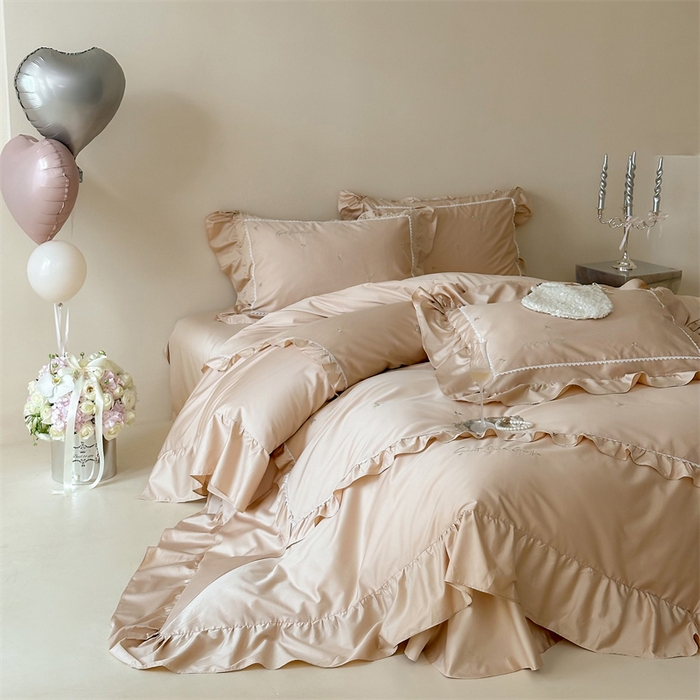 91家纺网 家纺一手货源 找家纺 红番天家居馆 2025新款全棉纯棉贡缎长绒棉法式刺绣花边四件套-蝶梦 蝶梦-浅香槟