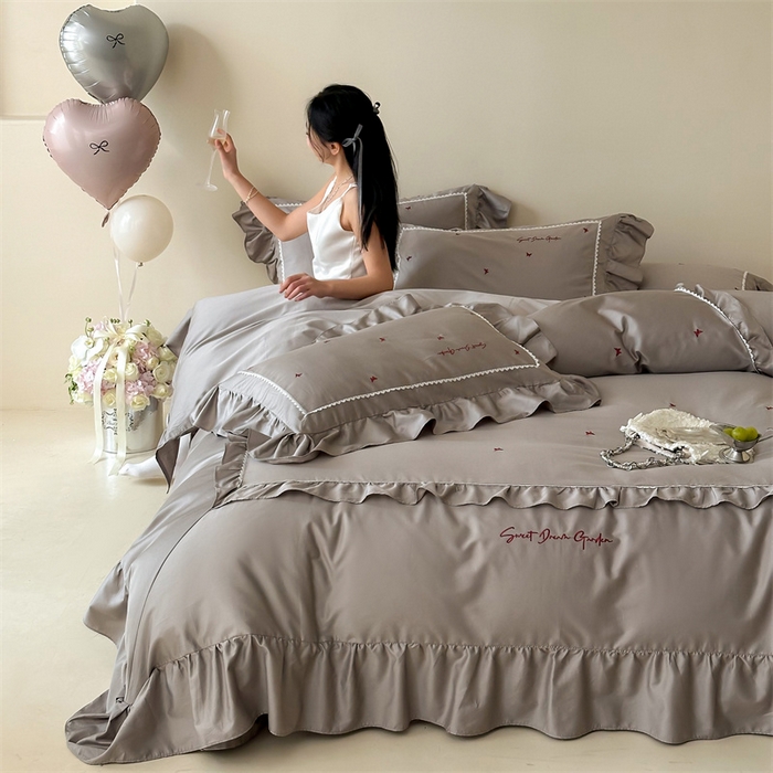 红番天家居馆 2025新款全棉纯棉贡缎长绒棉法式刺绣花边四件套-蝶梦 蝶梦-星辰灰