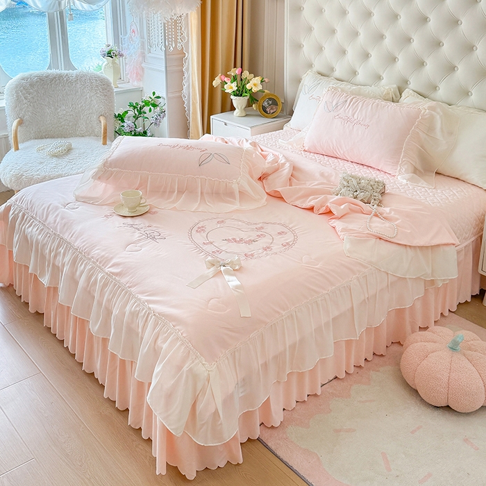 91家纺网 家纺一手货源 找家纺 （总）宅家居 2025新款法式花边浪漫花卉爱心刺绣绗绣床盖夏被夏凉被空调被四件套-玫瑰之恋