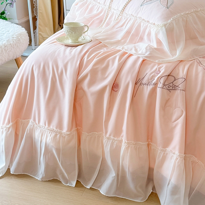 91家纺网 家纺一手货源 找家纺 （总）宅家居 2025新款法式花边浪漫花卉爱心刺绣绗绣床盖夏被夏凉被空调被四件套-玫瑰之恋