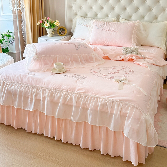 91家纺网 家纺一手货源 找家纺 （总）宅家居 2025新款法式花边浪漫花卉爱心刺绣绗绣床盖夏被夏凉被空调被四件套-玫瑰之恋