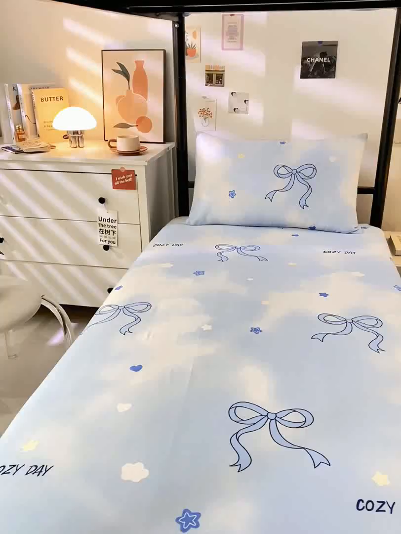 91家纺网 家纺一手货源 找家纺 上学郎家居 2025新款全棉13070学生宿舍三件套单人床床单被套纯棉六件套学生床上用品 蝶舞恋曲